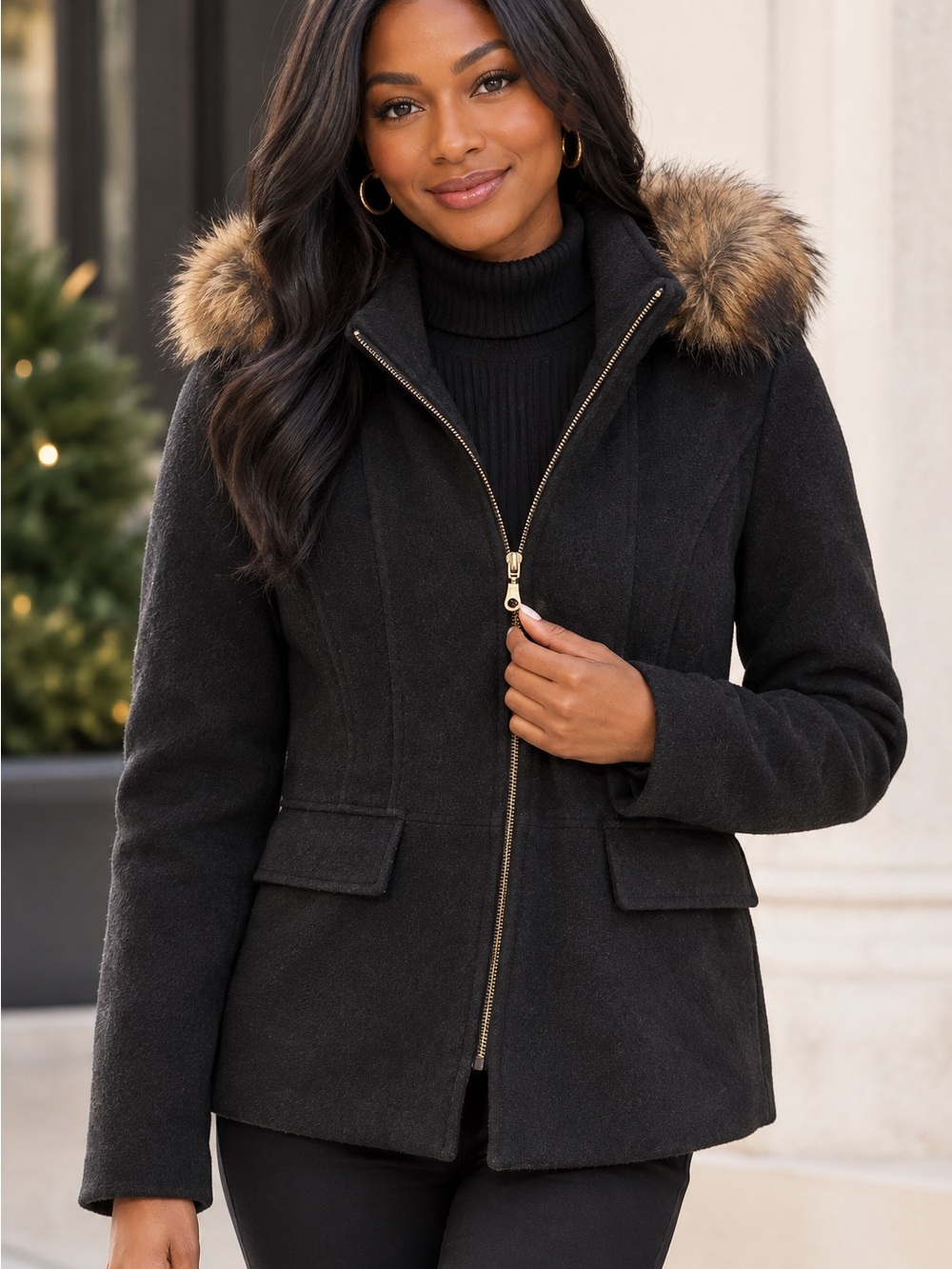 L.L. Bean Women’s Black Pea Coat with Faux-Fur Trimmed Hood